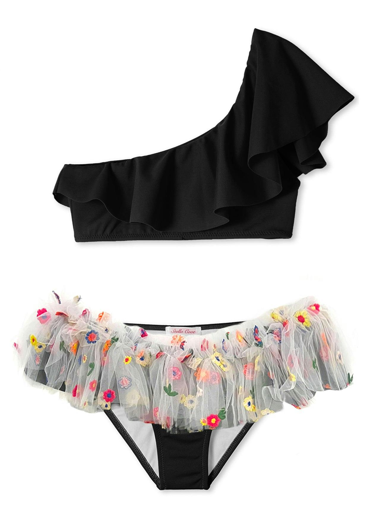 Floral Tulle One Shoulder Bikini