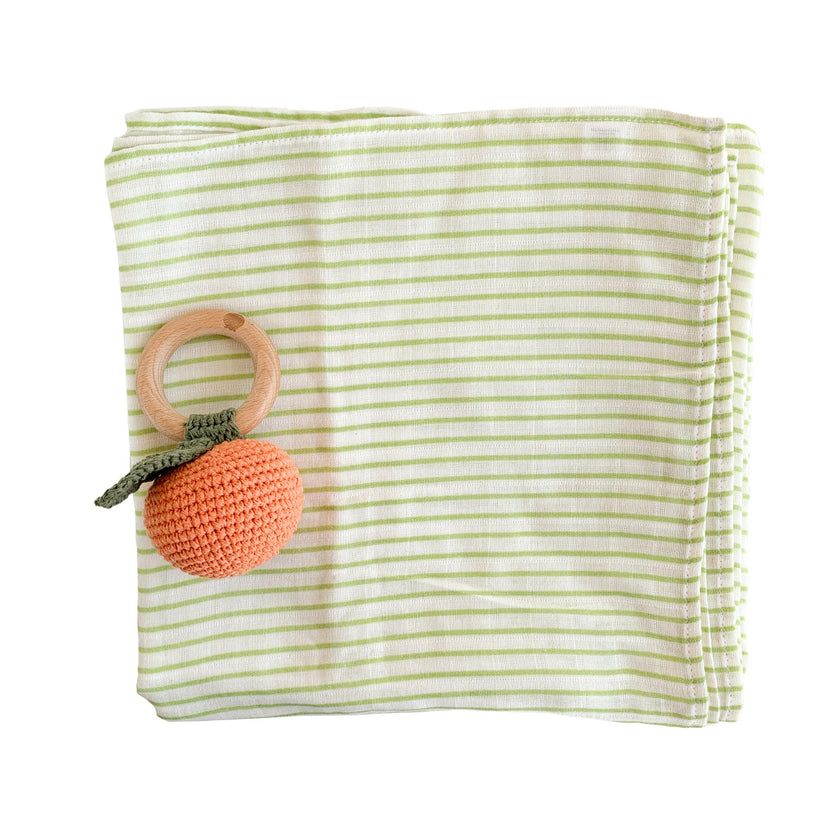 Green Stripe Swaddle and Teether Set - Orange