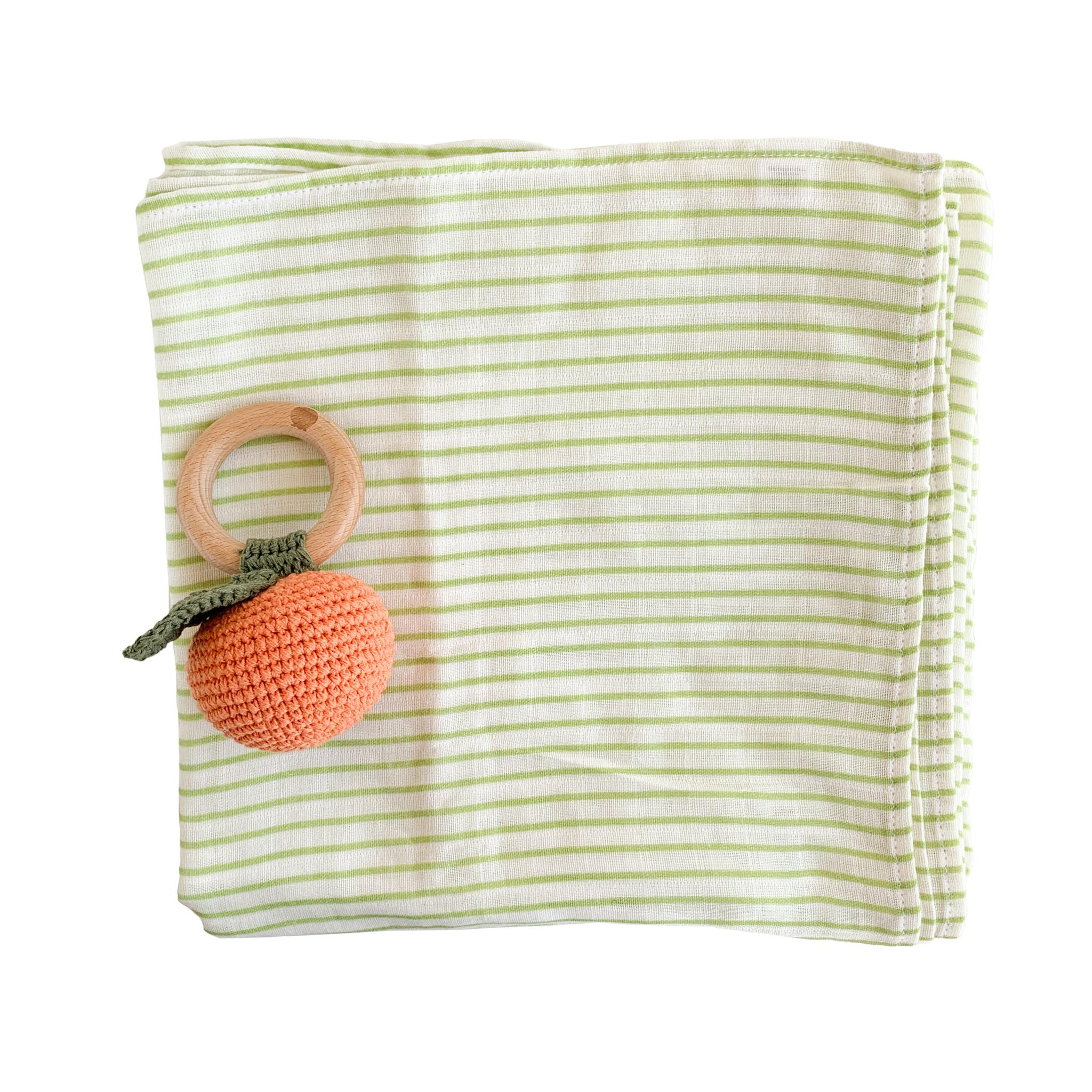 Green Stripe Swaddle and Teether Set, Orange