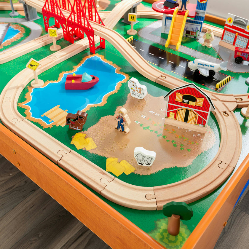 Ride Around Town Wooden Train Set and Table - Honey