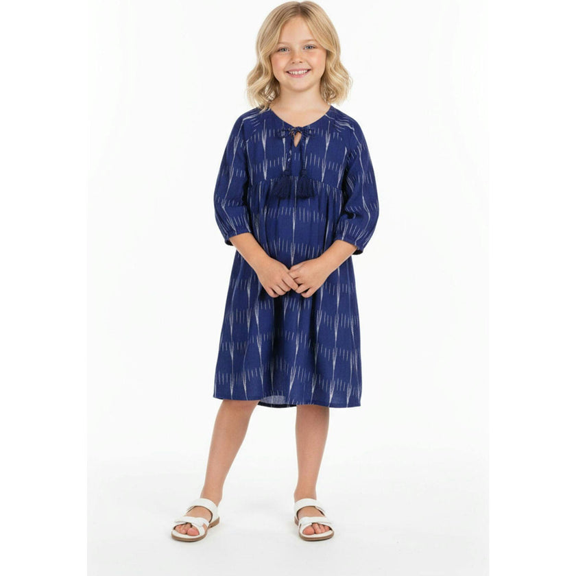 Sara Girl's Popover Dress Indigo Ikat, Blue