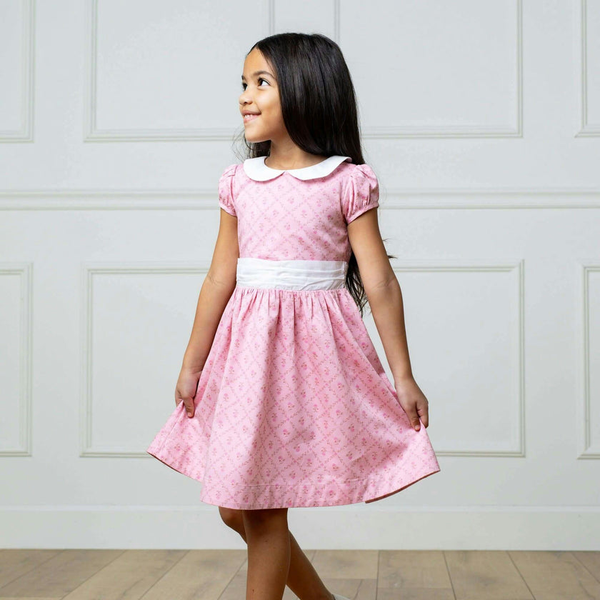 Organic Short Sleeve Sateen Dress with Peter Pan Collar, Pink