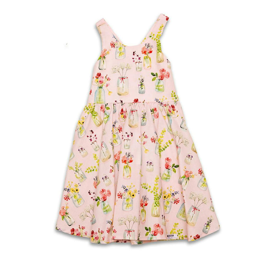 Cross Back Twirly Dress in Pink Plants