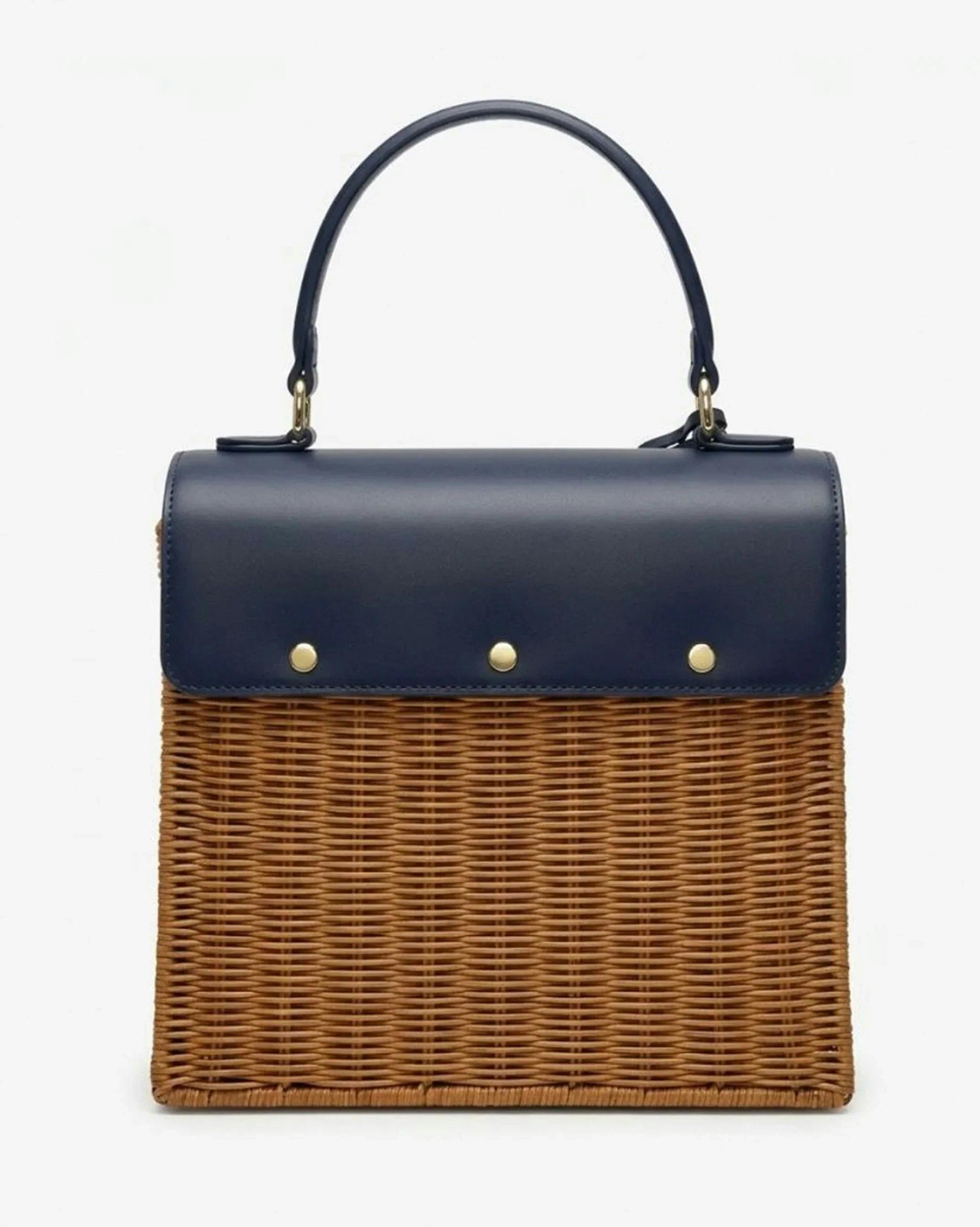Medium Insulated Hand-Woven Wicker Lunchbox, Natural & Navy