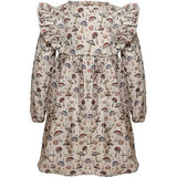 Mushroom Print Ruffle Dress, Beige