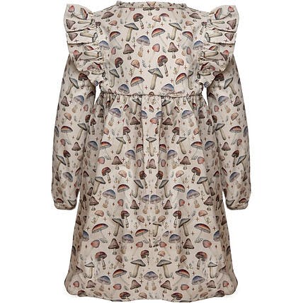 Mushroom Print Ruffle Dress, Beige
