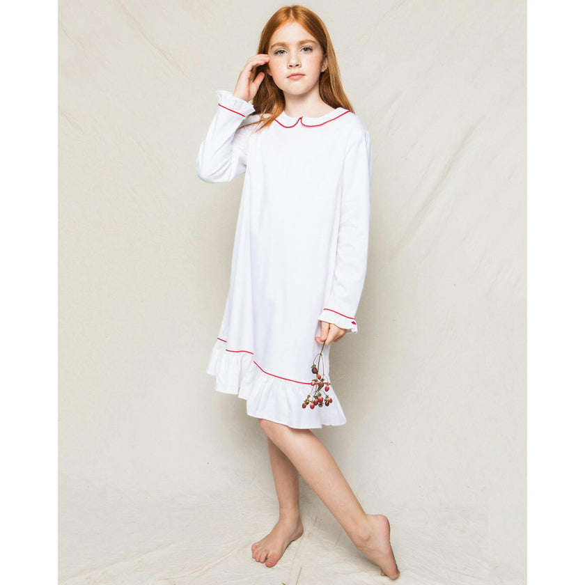 Girl's Twill Sophia Nightgown in White with Red Piping