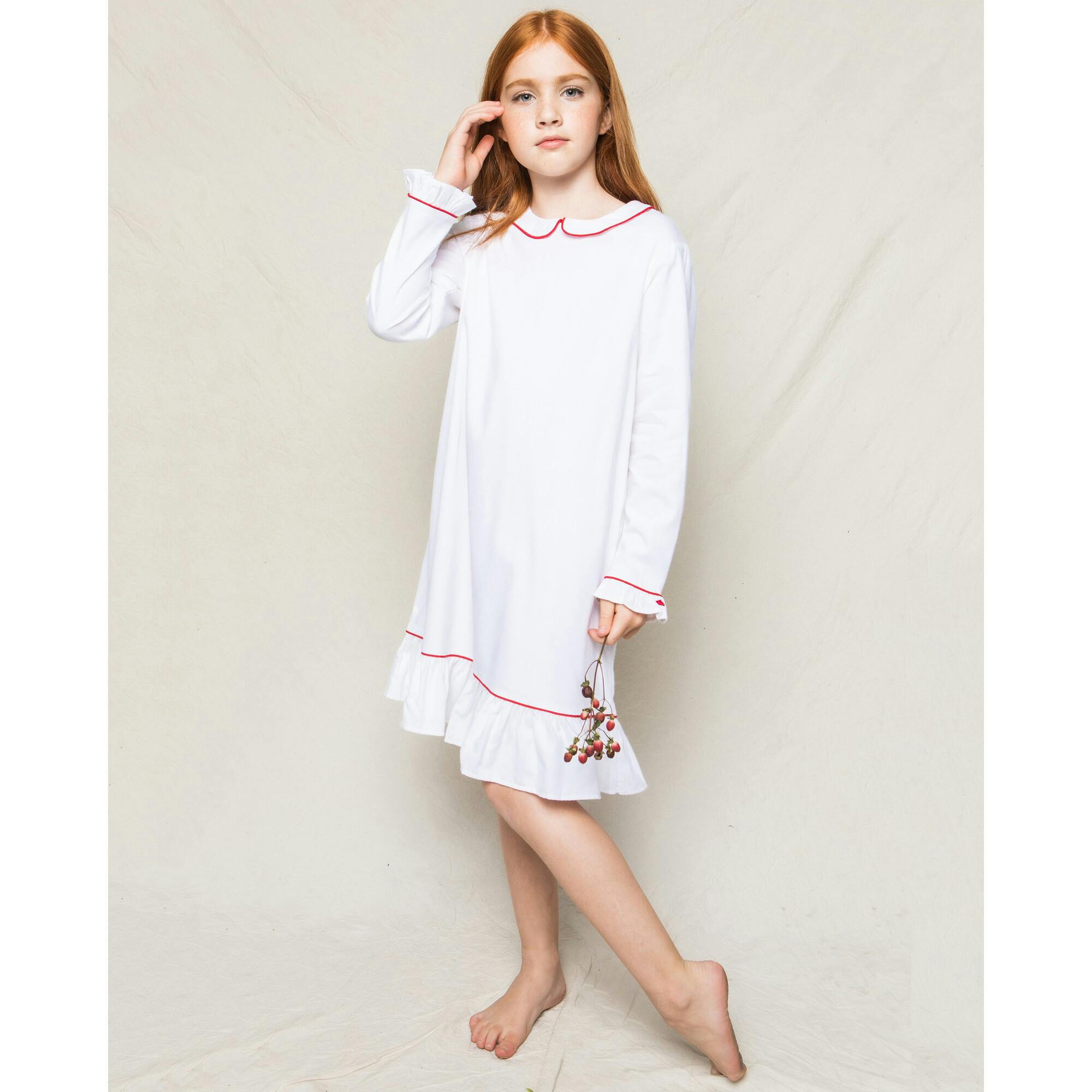 Girl's Twill Sophia Nightgown in White with Red Piping