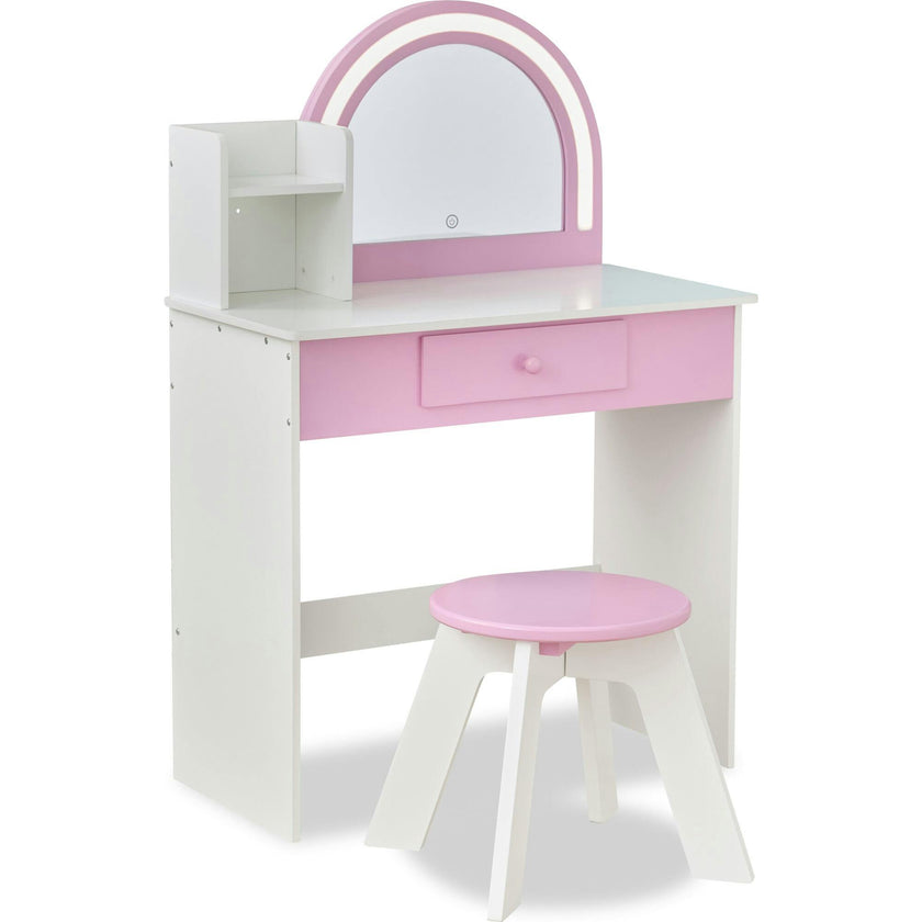 Rosé Shine Wood Vanity & Desk with LED Mirror & Stool