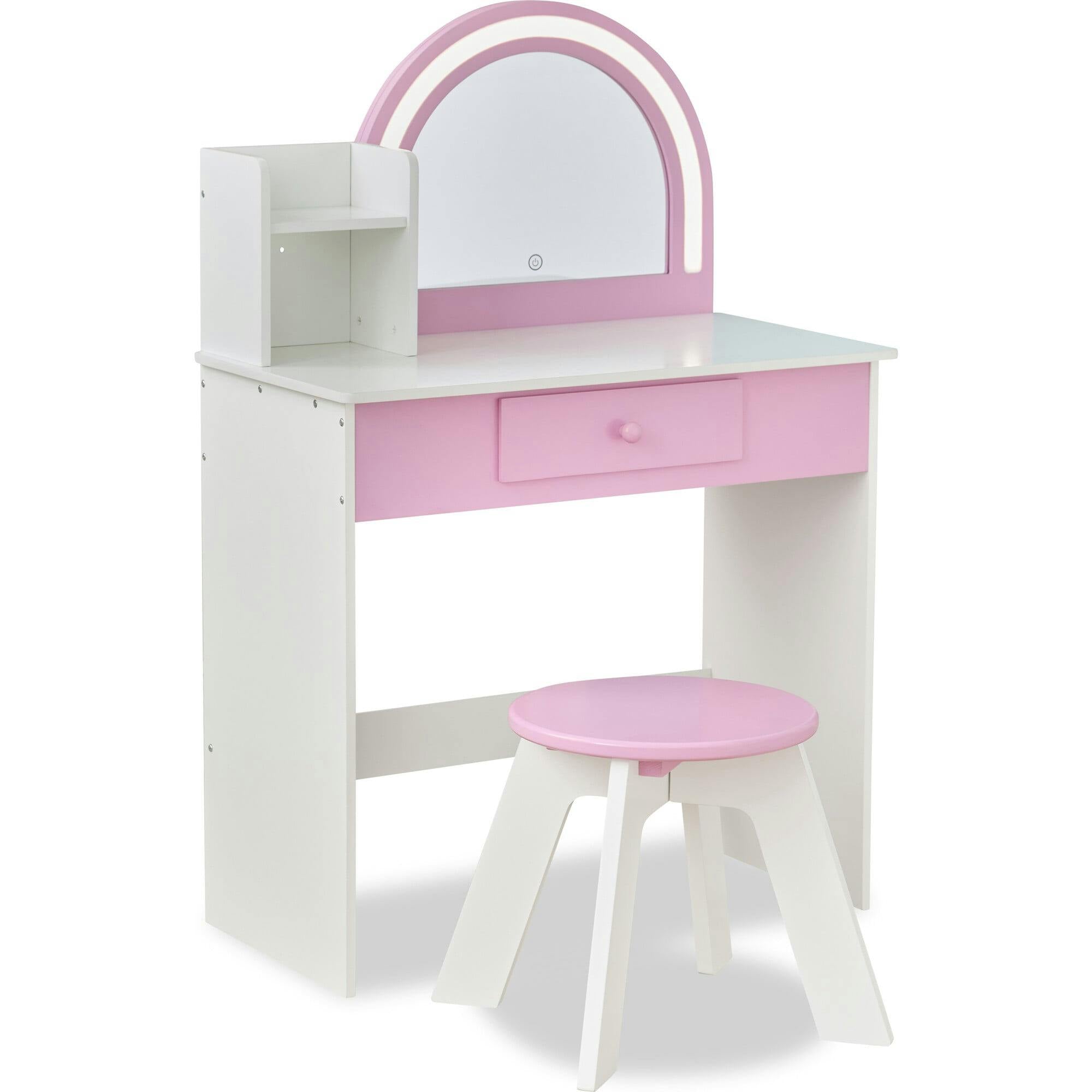 Rosé Shine Wood Vanity & Desk with LED Mirror & Stool
