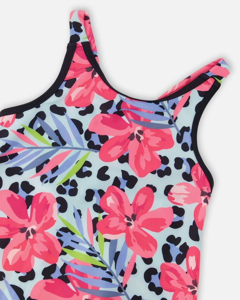 Swim Beach Dress Blue Floral And Leopard Print