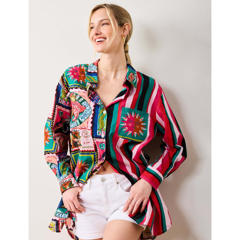 Colorful Coast, Classic Button Down With Pocket , Vibrant Ink