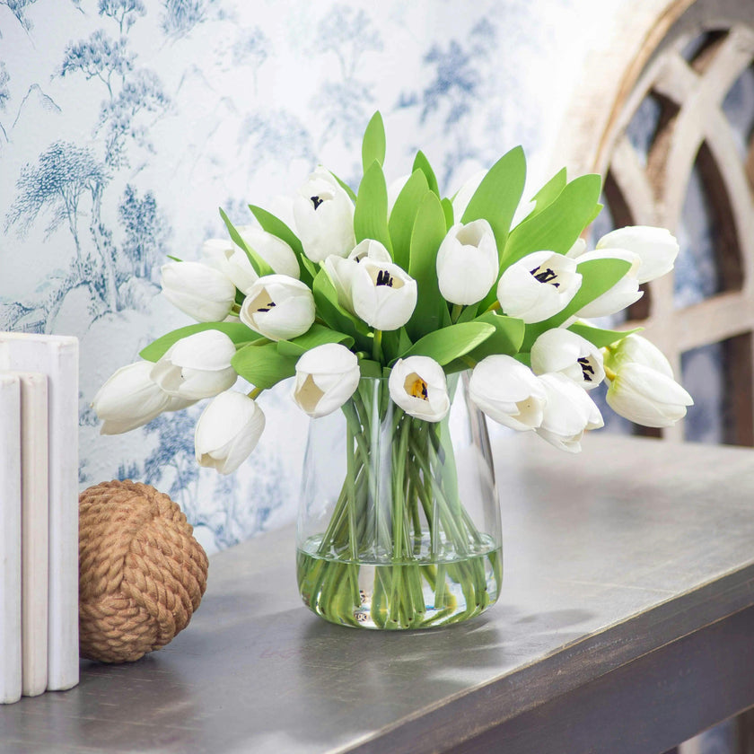 Real Touch White Tulip Faux Floral Everyday Spring Water Illusion Arrangement in Glass Teardrop Vase - Available in Multiple Colors