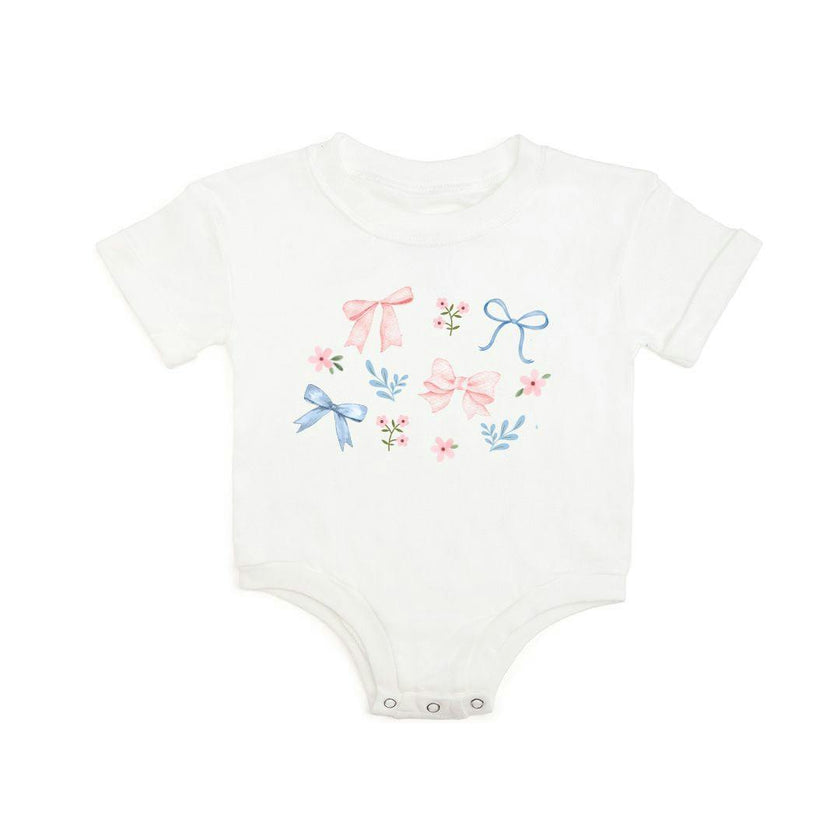 Floral & Bow Watercolor Short Sleeve Romper - White