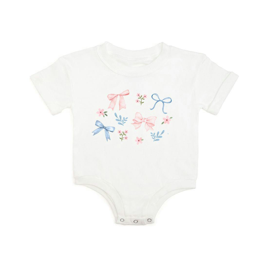 Floral & Bow Watercolor Short Sleeve Romper - White