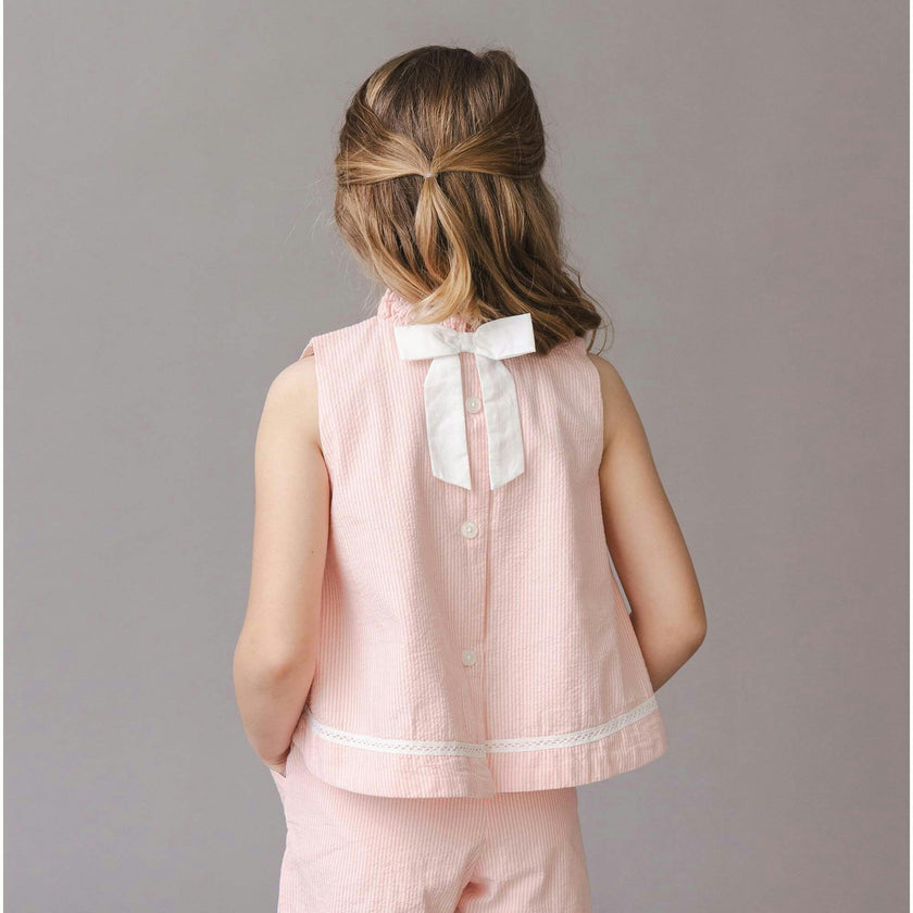 Organic Ruffle Neck Seersucker Top, Pink