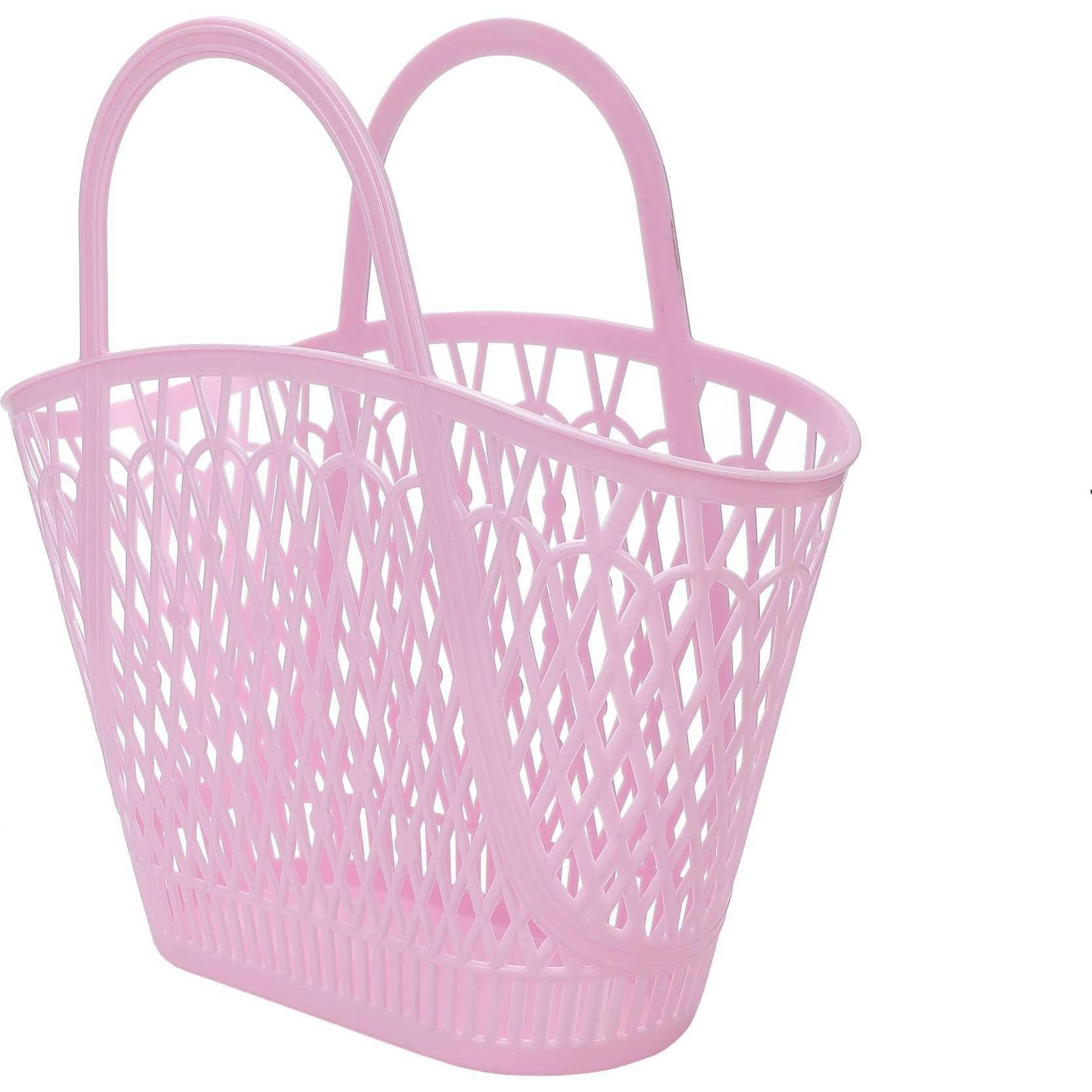 Packed Party Petal Party Pink Silicone Woven Basket with 6 Floral Twisty Charms - Lightweight Open Weave Carryall, 16x10.4 Inch with 15 Inch Handle