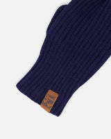 Ribbed Knit Mittens Navy Blue