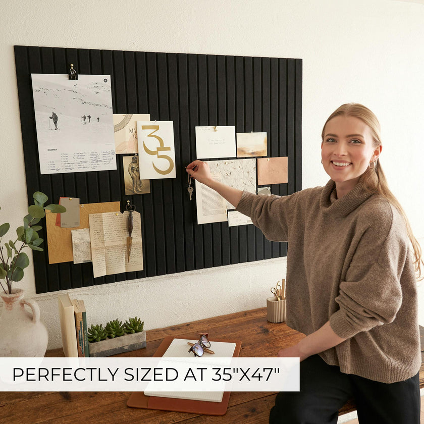 Large Felt Bulletin Board - Stylish 35" x 47" Cork Board Alternative for Office & Wall Decor - 12 Adhesive Tiles w/Golden Pins to Display Your Photos