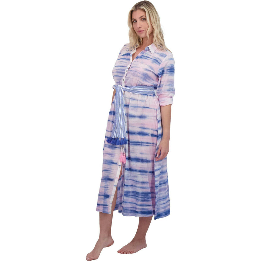 Anais Women's Button Front Shirtdress Rose Lapis Blue Shibori, Pink