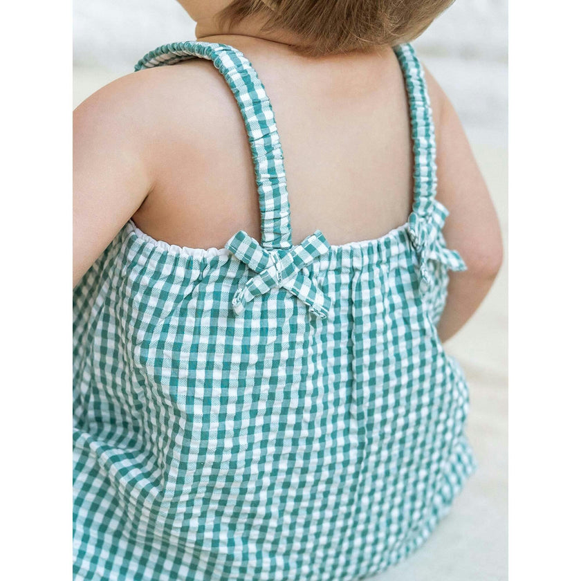 Rosalie Seersucker Ruffle Bubble Romper - Laguna Gingham