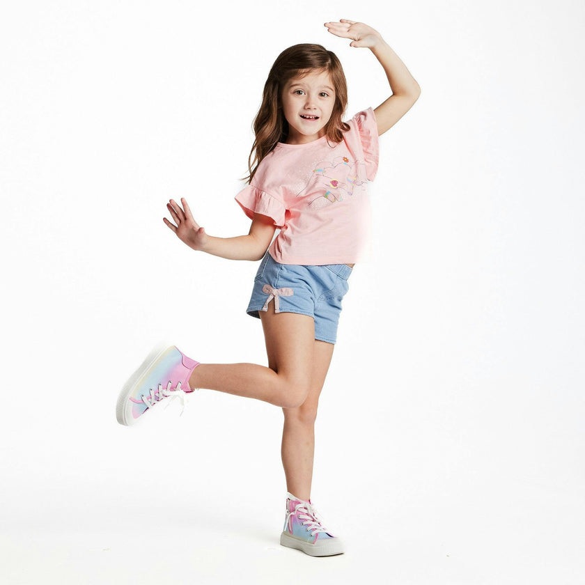 Girls Bow Hem Knit Denim Short | Blue Bow