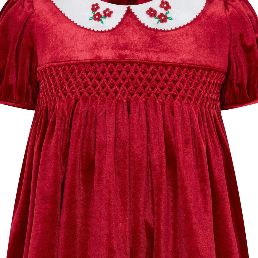 Little Princess Cherry Hand Smocked Velvet Baby Dress