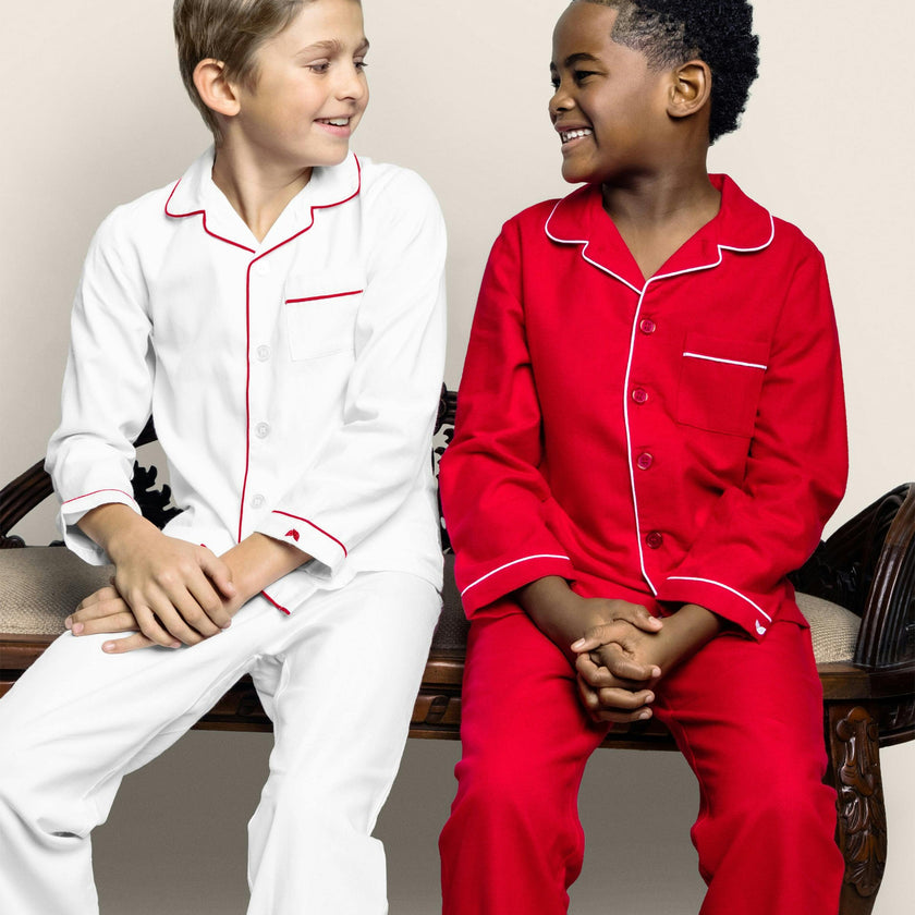 Kid's Twill Pajama Set in White with Red Piping