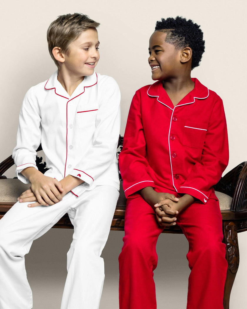 Kid's Twill Pajama Set in White with Red Piping