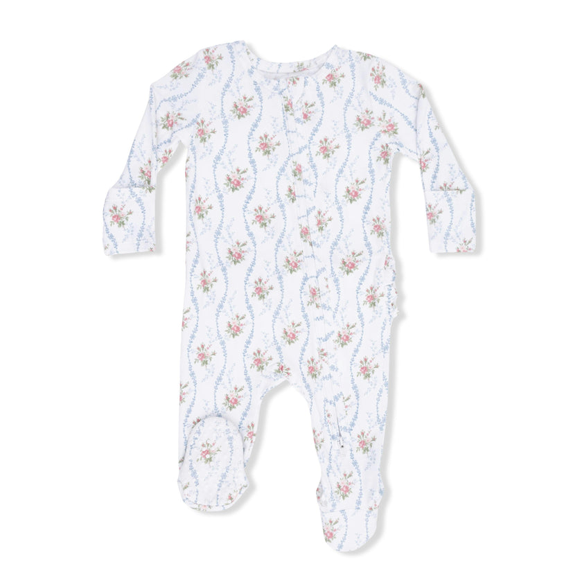 Heirloom Rose Stripe - 2 Way Ruffle Back Zipper Footie