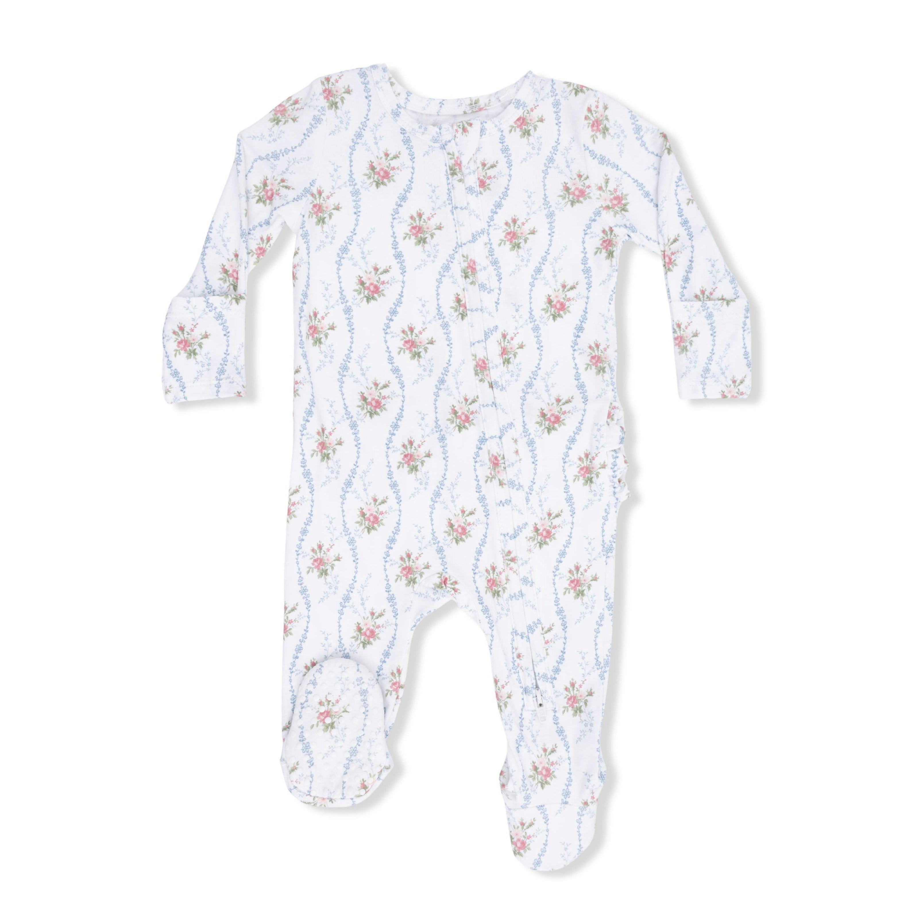Heirloom Rose Stripe - 2 Way Ruffle Back Zipper Footie