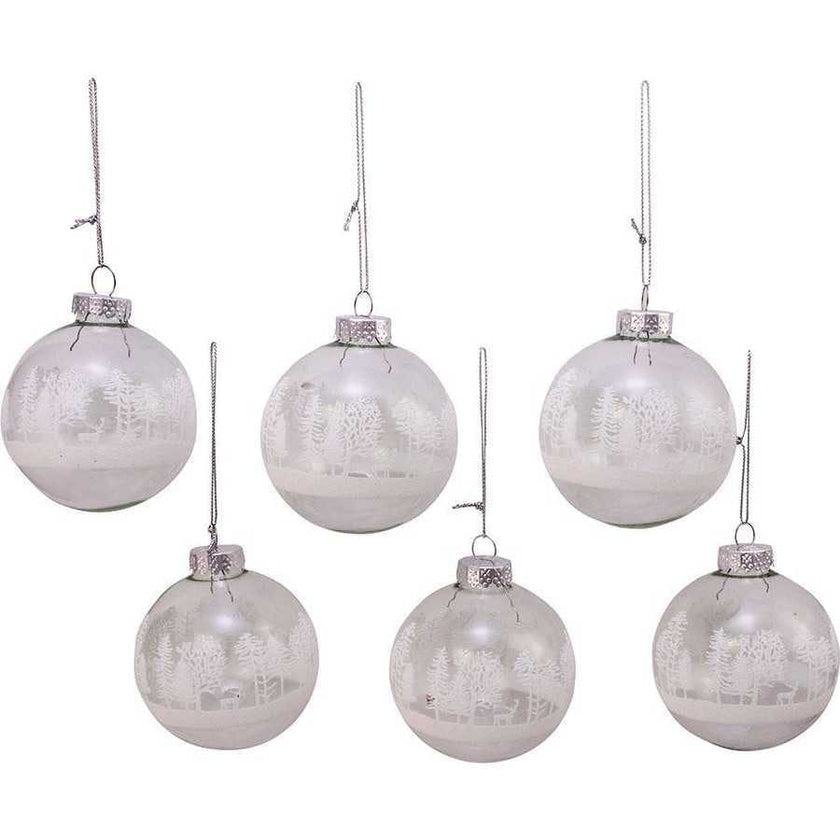 80MM Clear with White Tree Design Glass Ball Ornaments