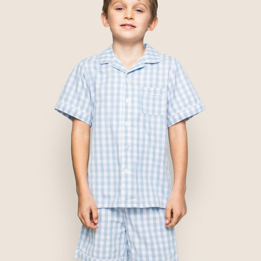 Kid's Twill Pajama Short Set in Light Blue Gingham
