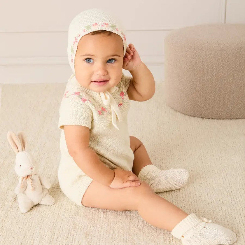 Wildflower Embroidered Knitted Romper in Cream (1-9mths)
