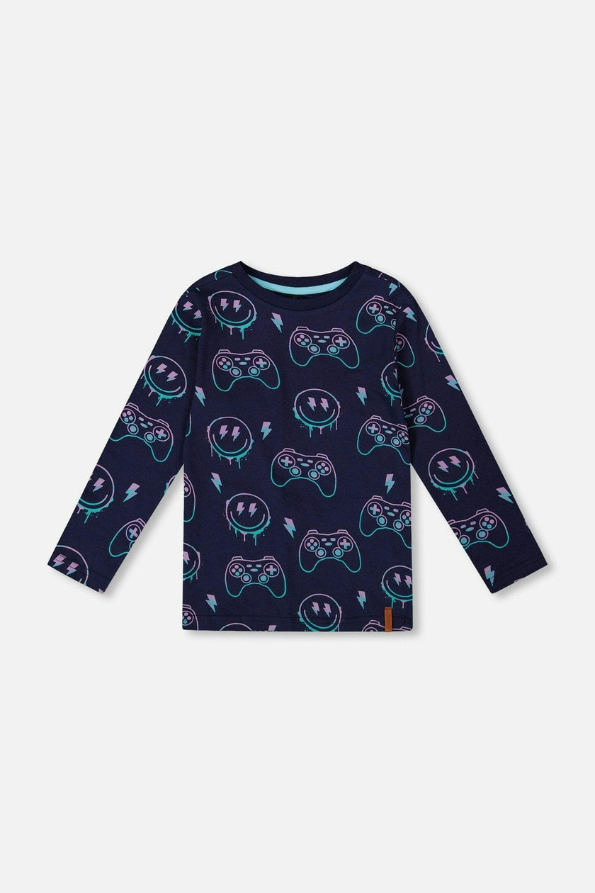 Long Sleeve Organic Cotton Allover Print Tee Navy Blue