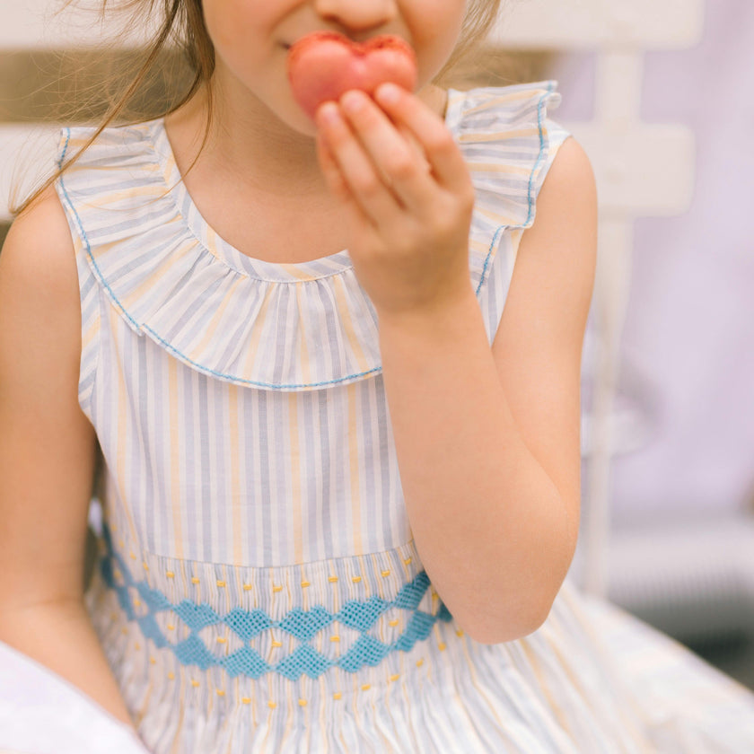 Capucine Blue Yellow Stripe Sleeveless Smocked Dress