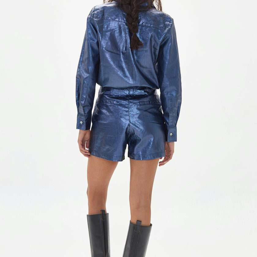 Frida Metallic Linen Shorts - Dark Blue