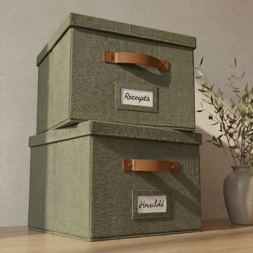 ZICOTO Decorative Ivory File Box Organizer Set of 2 - Collapsible Linen File Cabinet for Easy Folder Storage - Store All Your Documents and Folders in Style