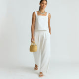 women's white scalloped linen beach pant