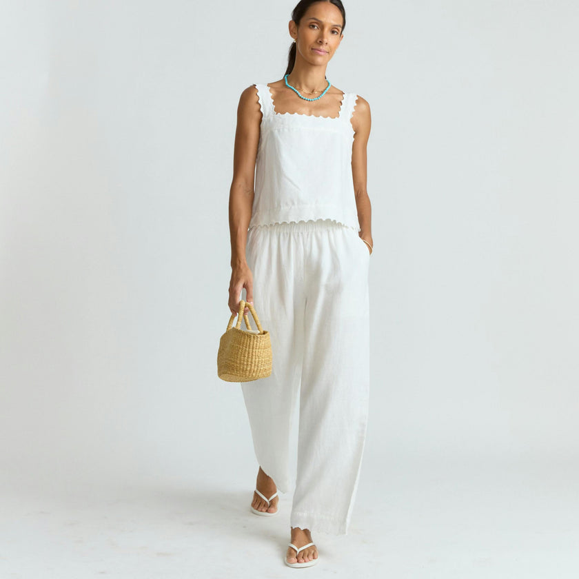 women's white scalloped linen beach pant