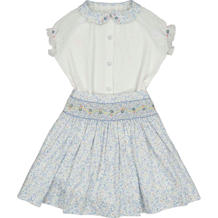 Marie Floral Blue Skirt & Short Sleeve Blouse