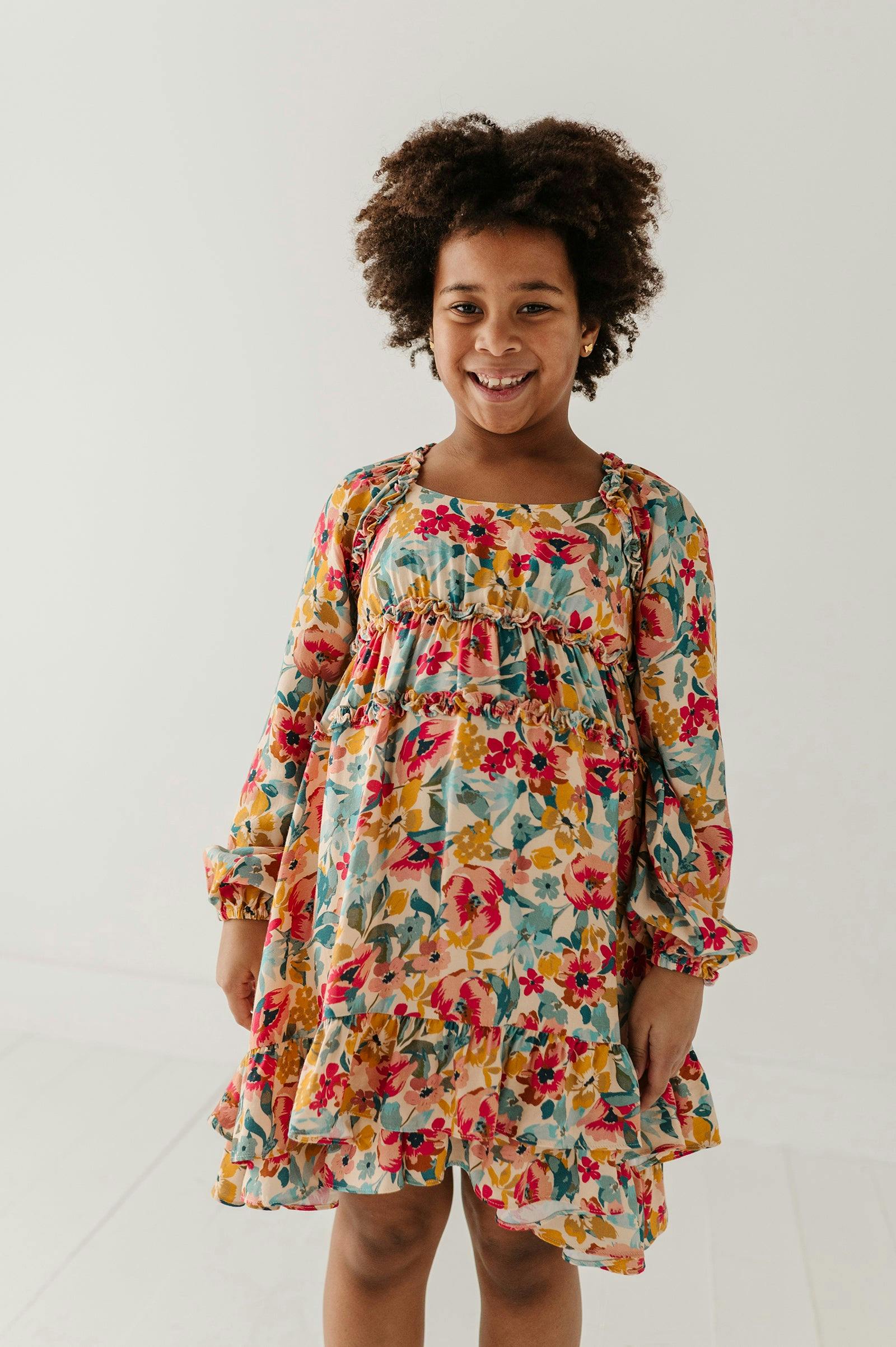 Girls Peasant Shirred Waist Dress in Cooper Painterly Floral