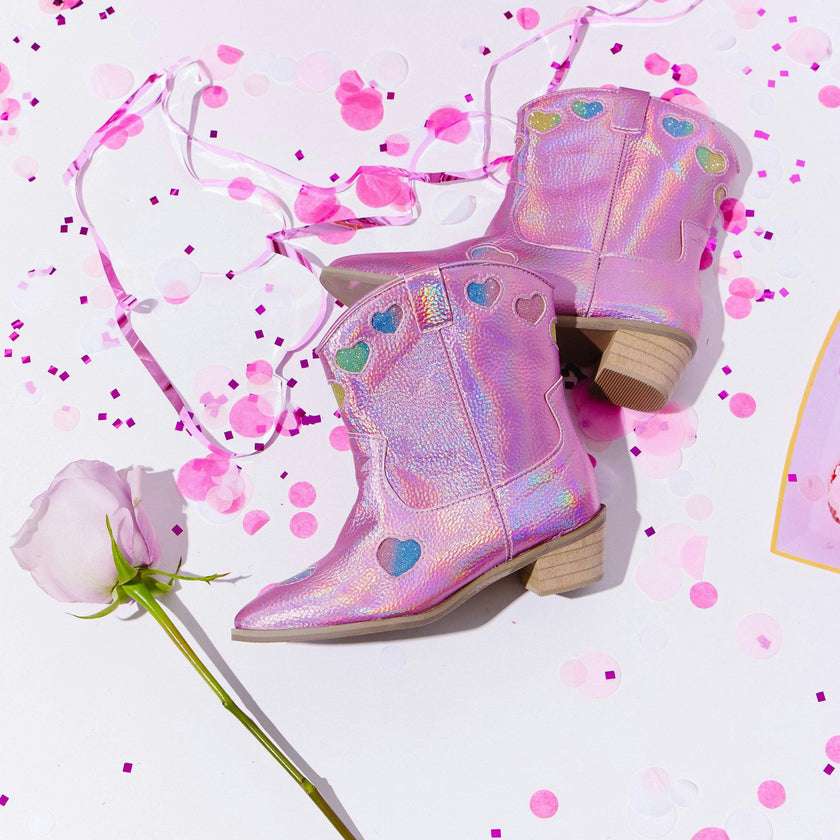 Pink Iridescent Heart Cowgirl Boots