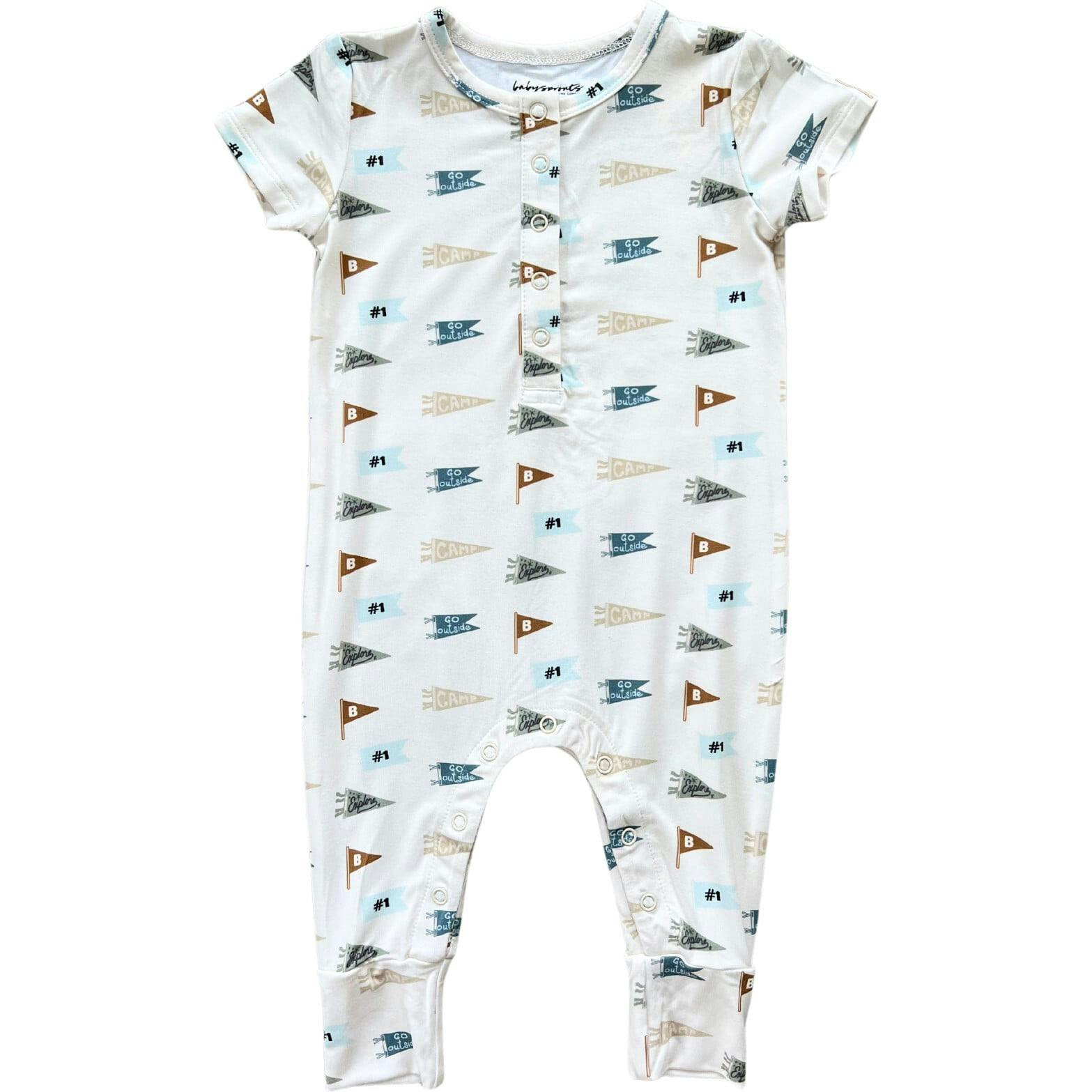 Short Sleeve Henley Romper Bugs in Toffee