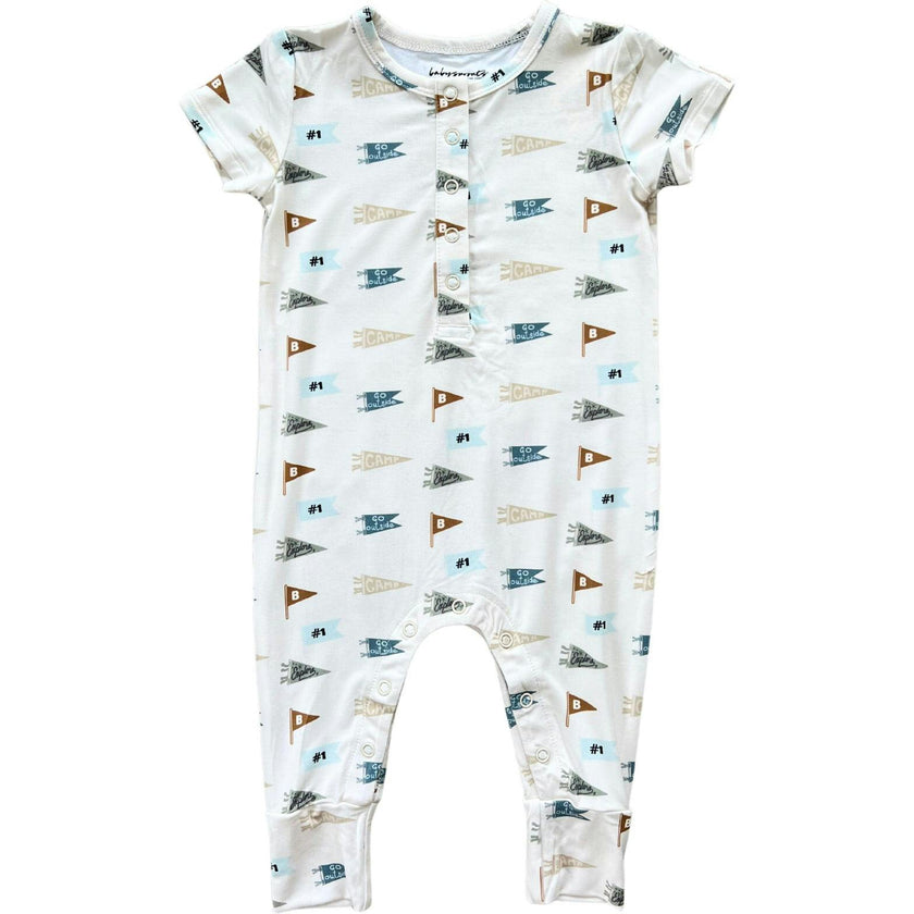 Short Sleeve Henley Romper Bugs in Toffee