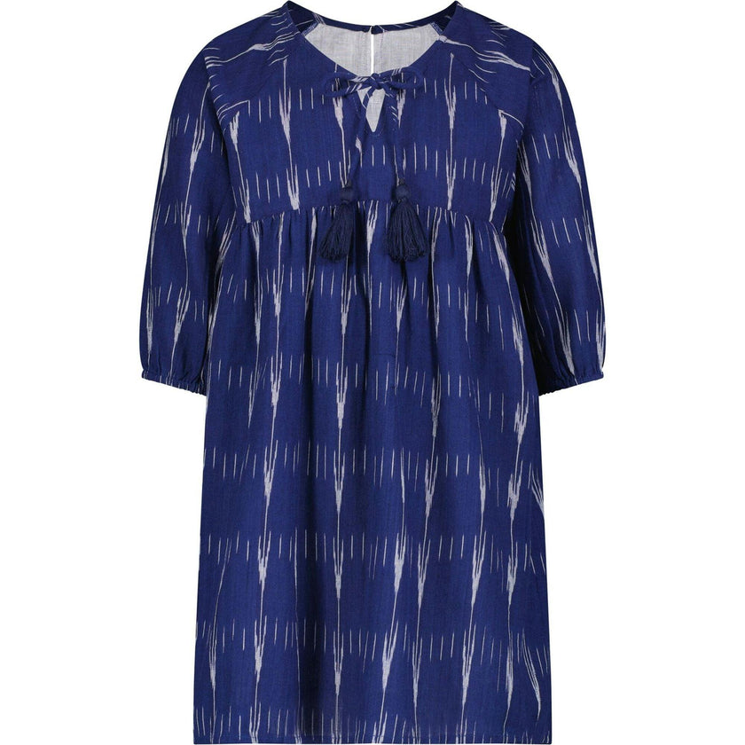Sara Girl's Popover Dress Indigo Ikat, Blue