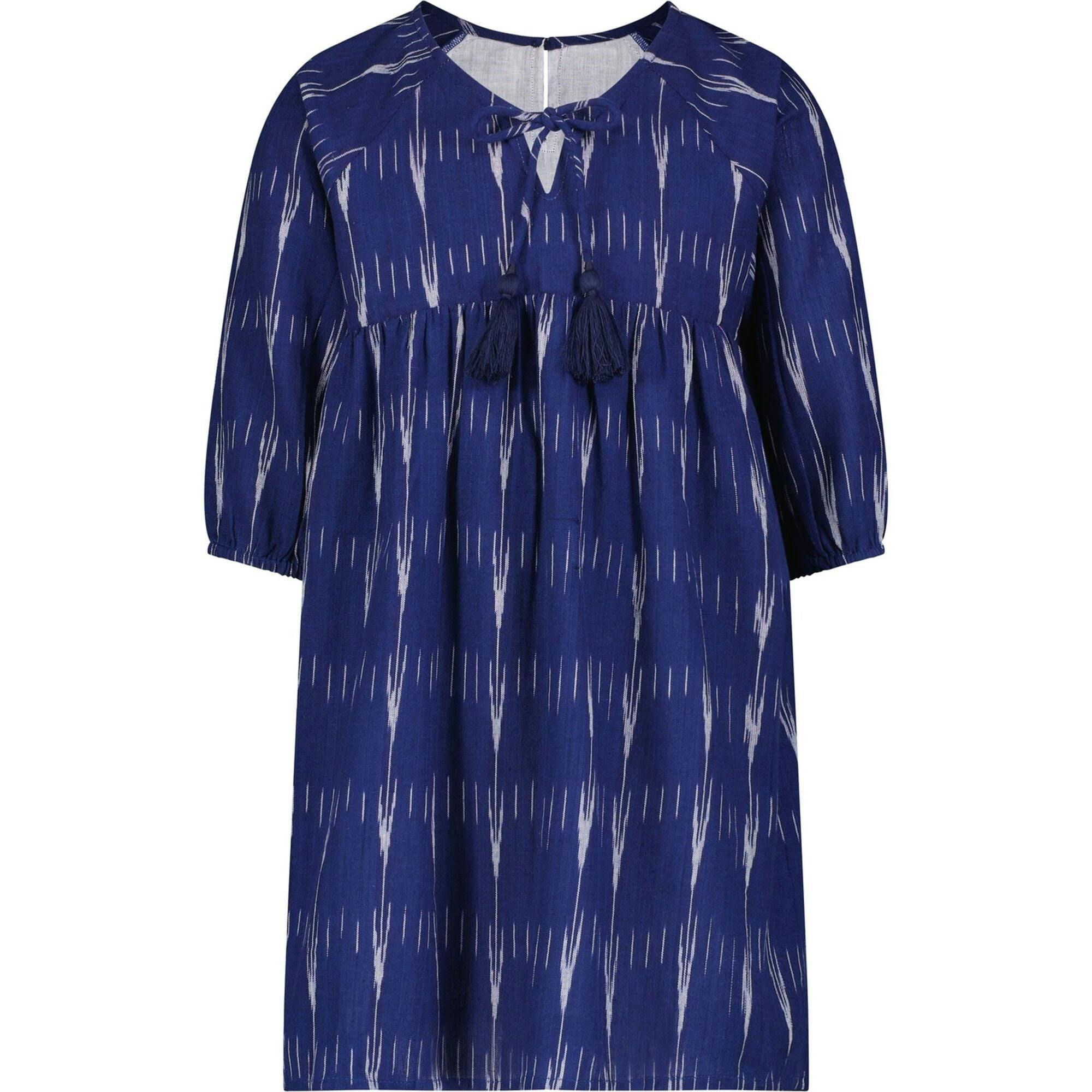Sara Girl's Popover Dress Indigo Ikat, Blue