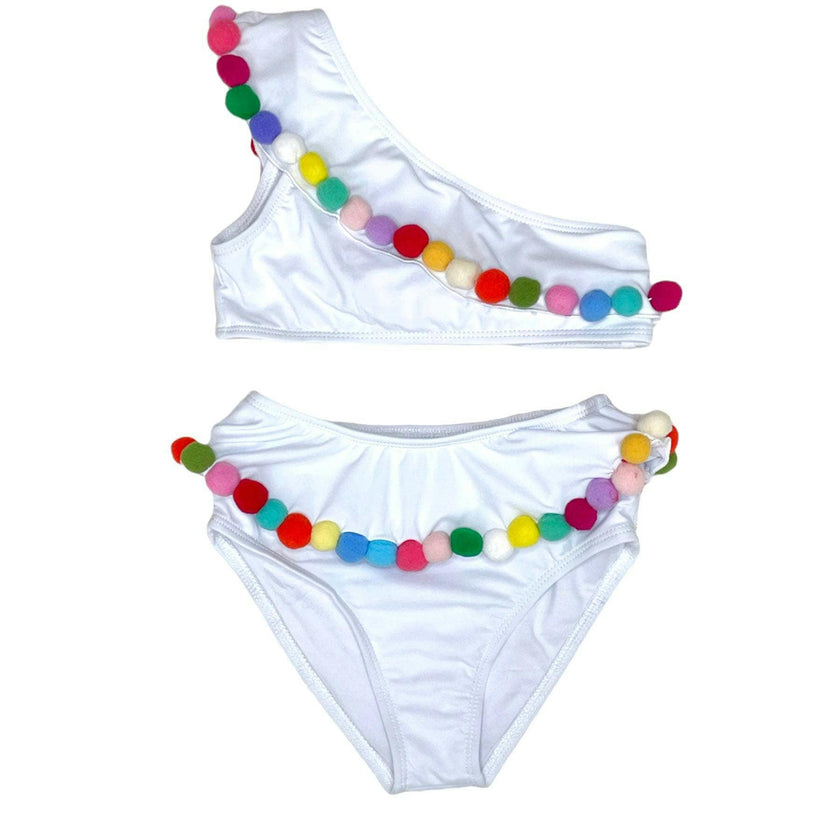 Rainbow Pompom One Shoulder Sleeveless Bikini