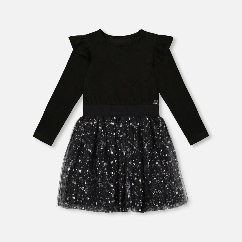 Long Sleeve Dress With Glittering Tulle Skirt Black