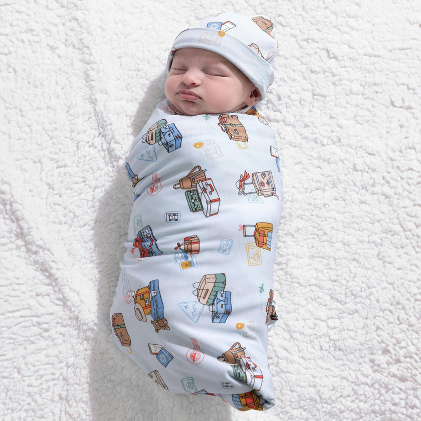 Vintage Suitcases Bamboo Swaddle & Beanie Set